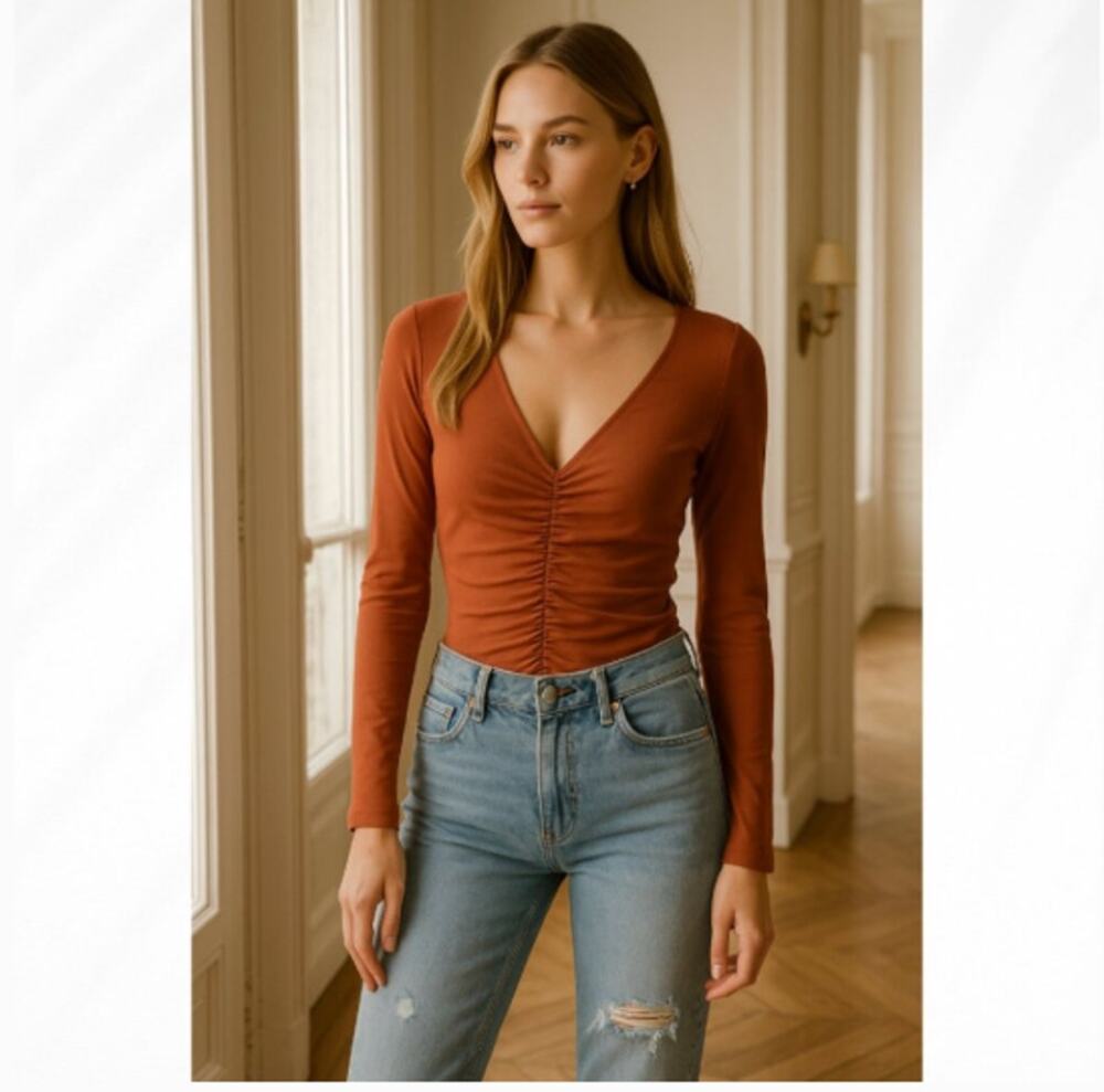 Abercrombie & Fitch Soft Rust Red Ruched Long Sleeve Bodysuit Size Small
